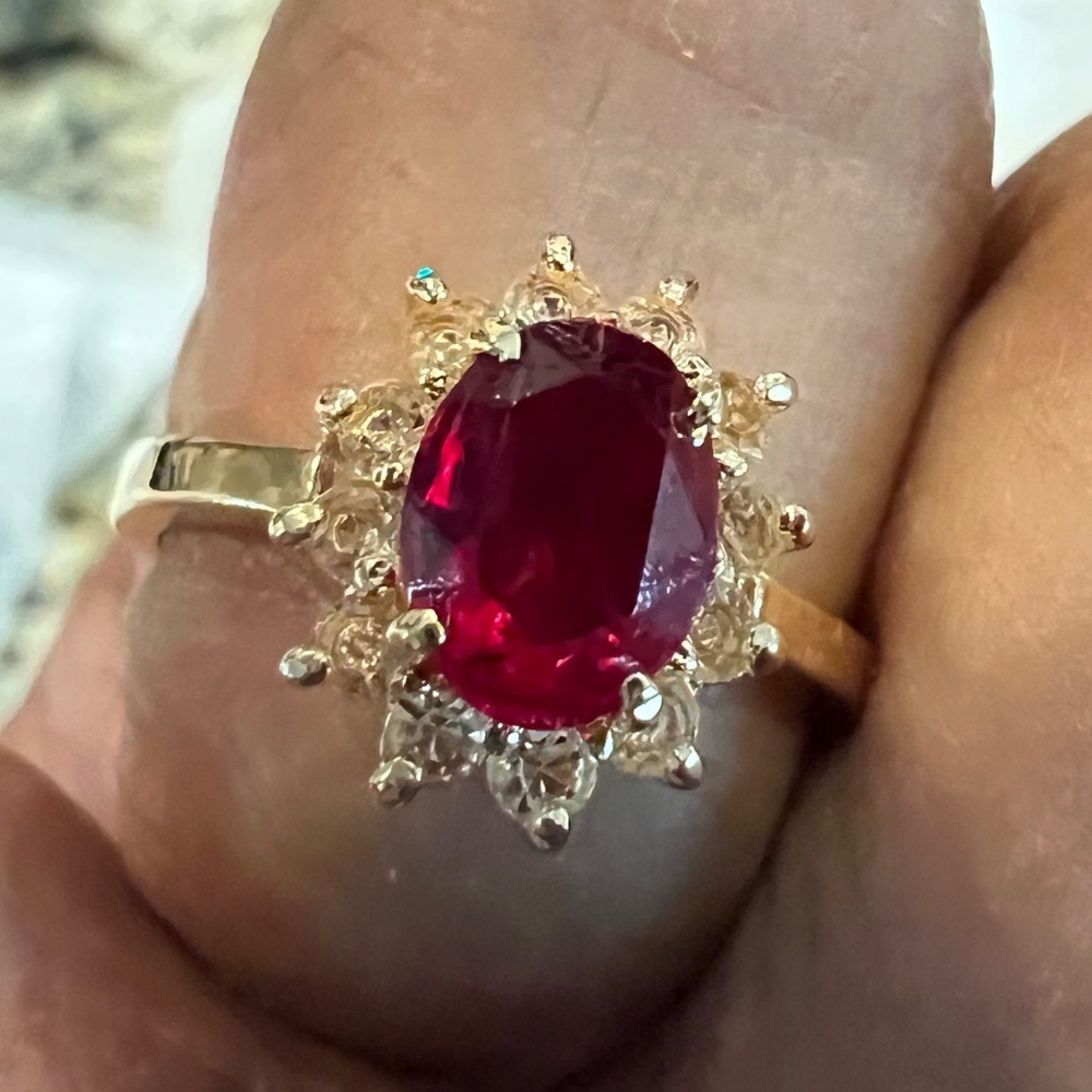 Gold-tone ruby and crystal ring, size 7.75-8